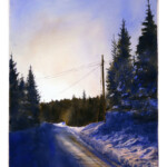 Stig-Ove Sivertsen, Once Bound by Copper Wire, We Were Free, 2023. Watercolour, 76 × 105 cm. SOLD Watercolour of a road and telephone pole in low winter sun