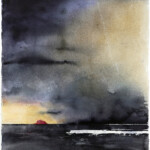 The vast ocean gap breathes beneath a storm-dominated sky. In this moment of deep contrast, the darkness meets the fleeting light of the sun, set ablaze by a single crimson spot on the horizon.