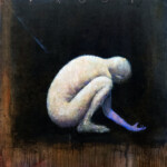 Frost. – give or take? Acrylic artwork of a figure squatting - reaching out
