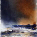 Old Day – the warmth of a home against the encroaching darkness. A hauntingly winter watercolor that captures the fleeting winther light of the North. As the short day ends almost before it began, the polar night prepares to encapsulate the frozen landscape and a lonely house where the stove is ready for more wood.