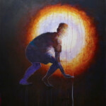 The painting invites interpretation. For some, the painting may mean sadness. For others, the same strokes may represent strength or earthiness. The meaning lies in the response of the viewer. Acrylic artwork of a person looking in (or out) to bright light. Getting ready.