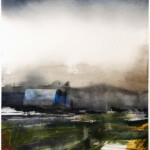 Stig-Ove Sivertsen, The air tasted and smelled of metal, 2025. Watercolour on paper, 37 × 56 cm Abstract watercolour painting by Stig-Ove Sivertsen showing a hazy landscape with light breaking through fog after a summer storm, inspired by the metallic scent of the air.
