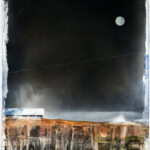 "The moon crawls slowly in front of the endlessness - the sea dove softly", 2025. Watercolour on paper, 56 × 76 cm. Abstract watercolour painting by Stig-Ove Sivertsen showing a moonlit northern seascape with rough contrasts, soft light, and atmospheric depth.