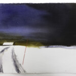 Someone's in the Cabin - a serene winter landscape watercolor that captures the profound stillness of a snowy day. Tracks leads uphill toward a snow-covered rooftop, hinting at a hidden life within. This original artwork is an example of Nordic winter art and atmospheric scenery.
