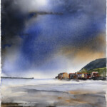 Stig-Ove Sivertsen, The Fog Lies Thick and Windless, 2025. Watercolour on paper, 56 × 76 cm. SOLD. Contemporary watercolour painting by Stig-Ove Sivertsen showing thick fog resting above rooftops in an old northern town, with soft light breaking through.