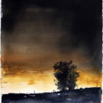 Heavy pigments form a deep sky of depth and texture, created through the drying process. Yet, light from the paper fights its way through, a final glow accentuated by the silhouette of a solitary tree and the dark foreground meeting the pale horizon. Watercolour landscape by Stig-Ove Sivertsen showing a dark northern sky and a glowing touch of light breaking through behind a silhouetted tree.
