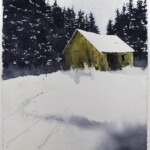 Inland Snowfall - a watercolor painting of a fragile, weathered house in a quiet winter landscape. The original artwork captures a crooked wooden structure, allready bowing under the weight of fresh snow. As the inland winter sets in, a poignant question remains: will it endure another season? A piece of Nordic art and winter scenery.