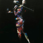 At first glance, a violinist in the limelight. Look closer for elements voven into the composition, waiting to be unearthed. The performance you see is only the beginning; – time and a quiet mind will reveal the layers. Listen to Massenet’s 'Méditation' from the opera Thaïsas to explore the not so obvious — and complete the story in your own way. The ovious – an acrylic painting of a woman playing violin