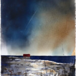 Dramatic watercolor painting of a storm approaching. Created with fluid pigments and high contrast, showing the last light before the rain. Original atmospheric landscape art of the North. Watercolour painting of a house by the sea. A a winter storm is building up
