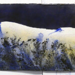 Contemporary watercolor symbolizing a mountain in moonlight on a cold winter's night, soon it clears up and the stars fills the sky . Original artwork by Norwegian artist Stig-Ove Sivertsen, 2023. The watercolor depicts a mountain in moonlight – a cold night and soon to be starry sky