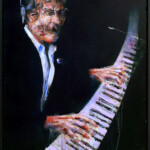Stig-Ove Sivertsen presents a pianist caught in a shifting reality. Through a kaleidoscope of fractured expressions, the performer seems to exist in several moments at once. There are layers within this painting that refuse to settle — much like a hazy memory from a late-night jazz club. Step into the melody, and let the painting reveal it self. Acrylic painting of a piano player