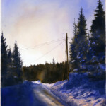 Stig-Ove Sivertsen, Once Bound by Copper Wire, We Were Free, 2023. Watercolour, 76 × 105 cm. SOLD Watercolour of a road and telephone pole in low winter sun