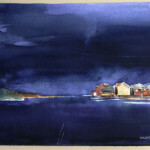 Stig-Ove Sivertsen, The darkness stretches towards the light I, 2025. Watercolour, 38 × 28 cm. Watercolour of old houses at night