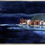 Stig-Ove Sivertsen, The darkness stretches towards the light II, 2025. Watercolour, 38 × 28 cm. SOLD Watercolour of houses in winter light