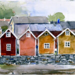 Stig-Ove Sivertsen, Palette, 2025. Watercolour, 35 x 30 cm. SOLD Waytercolour of colourfull boat houses