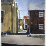 Watercolour, 56 × 76 cm, by Stig-Ove Sivertsen, 2025.
For purchase contact post@gallerisos.no A watercolor painting of a sun-drenched alley on a summer afternoon