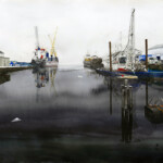 Stig-Ove Sivertsen, Snowstorm on the fjord, 2016. Watercolour, 152 x 102 cm. SOLD Large watercolour of a harbour – a winter storm is comming up