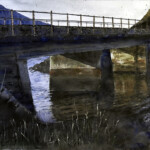 Stig-Ove Sivertsen, Still Bridge (Stille bru), 2018. Watercolour, 76 × 56 cm. SOLD. Watercolour painting of a quiet bridge reflected in calm water, symbolising human connection and stories.