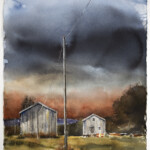 Watercolour, 56 × 76 cm, by Stig-Ove Sivertsen, 2025.
For purchase contact post@gallerisos.no Watercolour painting of old houses. A storm is brewing in the north