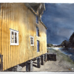 Stig-Ove Sivertsen, Great Boathouse, 2025. Watercolour on paper, 76 × 56 cm. Watercolour painting of the historic boathouse in Mosjøen’s old town, lit by sunlight under a cloudy northern sky.